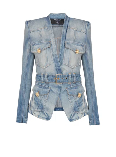 Balmain Stonewashed Cotton Denim Blazer In Blue
