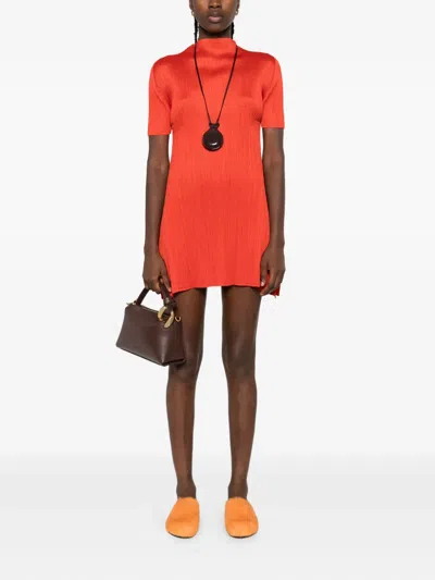 Issey Miyake Pleated Midi Dresses In Red