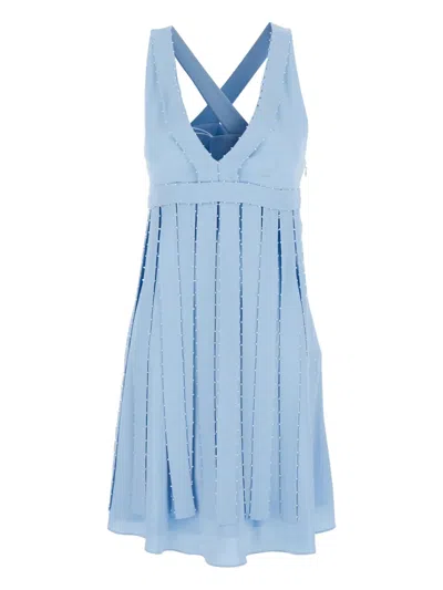 Giovanni Bedin Light Blue Sleeveless Midi Dress With V Neck And Pearl Embellishments In Silk Blend Woman In Blue
