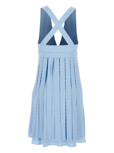 Giovanni Bedin Light Blue Sleeveless Midi Dress With V Neck And Pearl Embellishments In Silk Blend Woman In Blue