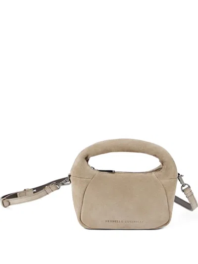 Brunello Cucinelli Mini Suede Bc Duo Hobo Bag In Neutral