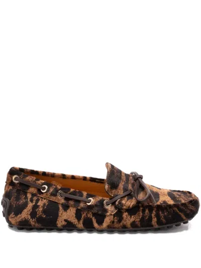 Tod's Leopard Print Leather Slip-on Loafers With Signature Rubber Outsole In Animal Print