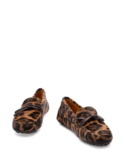 Tod's Leopard Print Leather Slip-on Loafers With Signature Rubber Outsole In Animal Print