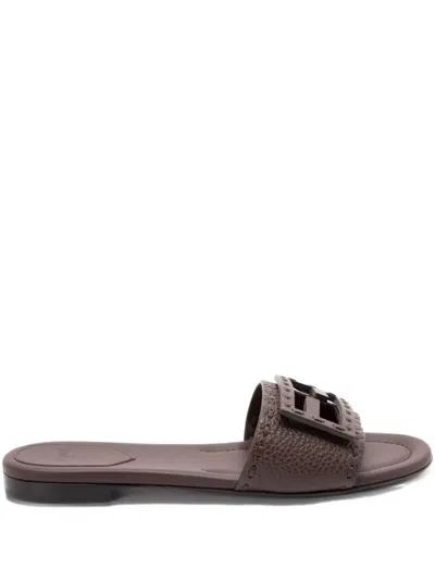 Fendi Flat Sole Open Toe Textured Strap Slides In Brown