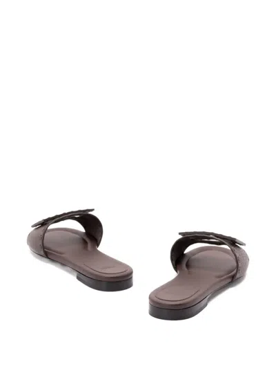 Fendi Flat Sole Open Toe Textured Strap Slides In Brown