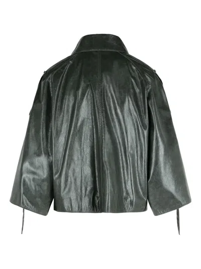 Max Mara Pointed-collar Double-breasted Leather Jacket In Green