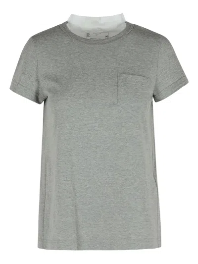 Sacai Cotton T-shirt With Pleated Back And Chest Pocket In Gray