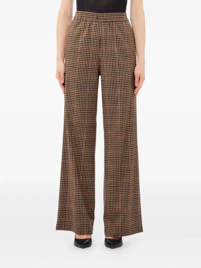Liu •jo Elasticized Waist Wide Fit Trousers Check Motif In Brown