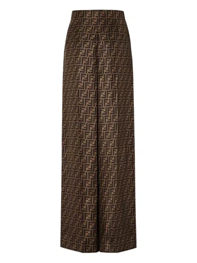 Fendi Ff Silk Twill Wide Leg Trousers In Brown