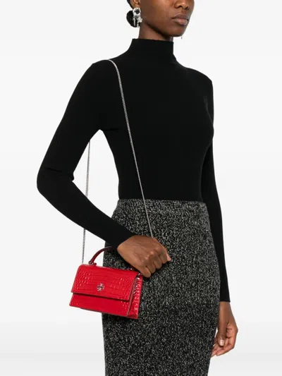 Tory Burch Kira Mini Croc-embossed Leather Top-handle Bag In Red