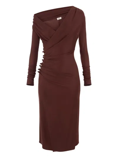 Elisabetta Franchi Brown Draped Midi Dress With Asymmetric Neckline In Viscose Stretch Woman In Brown