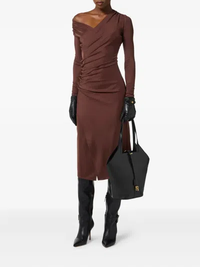 Elisabetta Franchi Brown Draped Midi Dress With Asymmetric Neckline In Viscose Stretch Woman In Brown