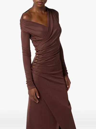 Elisabetta Franchi Brown Draped Midi Dress With Asymmetric Neckline In Viscose Stretch Woman In Brown