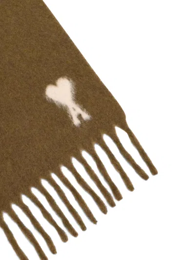 Ami Alexandre Mattiussi Brown Scarf With Adc Embroidery On The Front And Fringed Hem In Wool Blend Woman In Brown