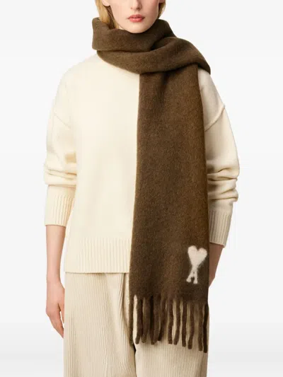 Ami Alexandre Mattiussi Brown Scarf With Adc Embroidery On The Front And Fringed Hem In Wool Blend Woman In Brown