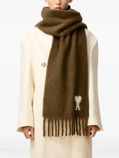 Ami Alexandre Mattiussi Brown Scarf With Adc Embroidery On The Front And Fringed Hem In Wool Blend Woman In Brown