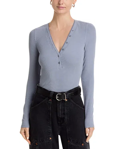 Frame The Mesh Trim Ribbed Henley Top In Gray