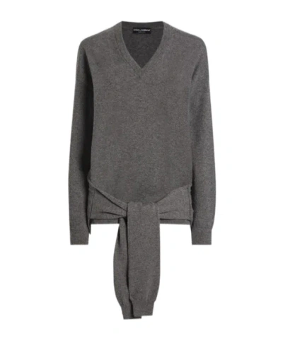 Dolce & Gabbana V-neck Knotted Cashmere Sweater Clothing In Gray