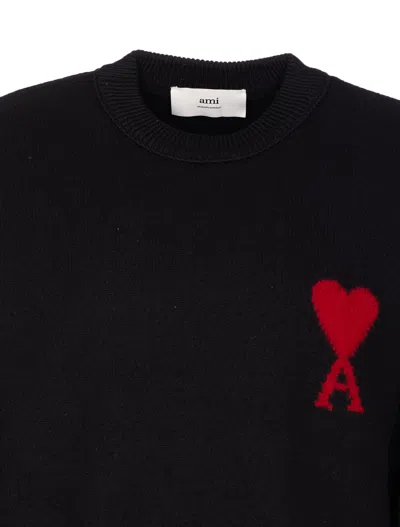 Ami Alexandre Mattiussi Relaxed Fit Black Wool Turtleneck Sweater With Graphic Heart Motif In Black