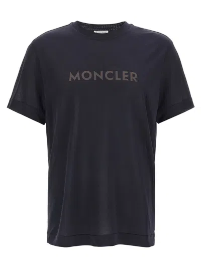 Moncler Lyocell T-shirt With Logo Print In Blue