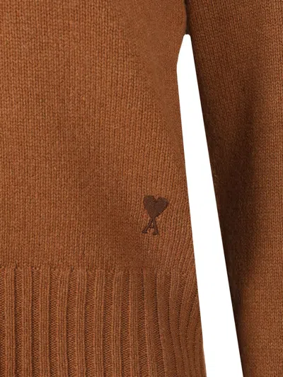 Ami Alexandre Mattiussi Cropped Brown Cashmere Blend Sweater With Heart Detail