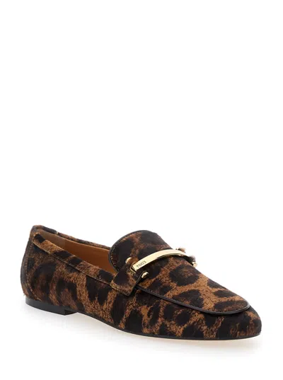 Tod's Brown Loafers With Logo Plaque On The Front And All-over Leopard Motif In Suede Woman In Brown