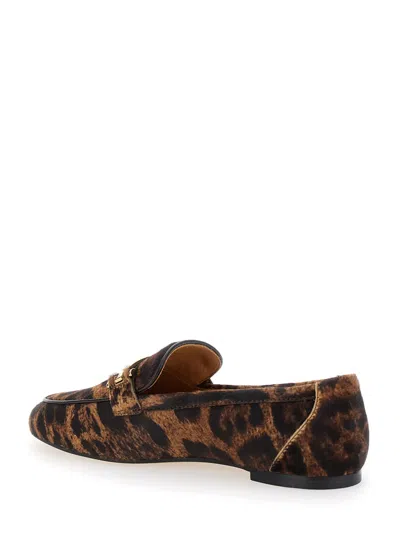 Tod's Brown Loafers With Logo Plaque On The Front And All-over Leopard Motif In Suede Woman In Brown
