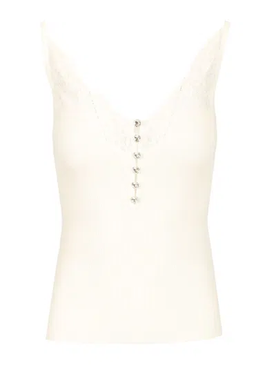 Self-portrait Lace Trim Rib Knit Viscose Blend Top In Yellow