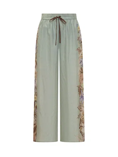 Zimmermann Relaxed Floral Print Wide Pants With Drawstring Waist In Green