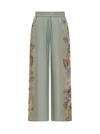 Zimmermann Relaxed Floral Print Wide Pants With Drawstring Waist In Green