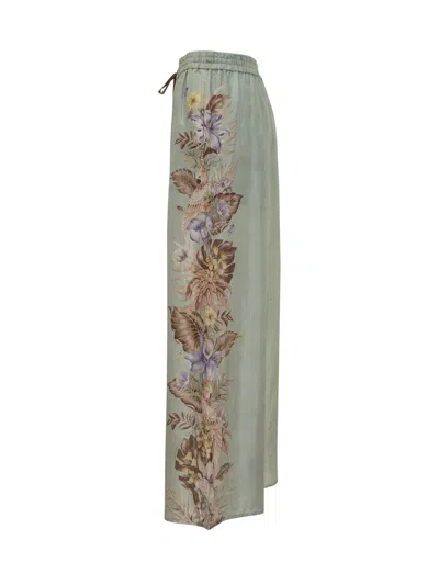 Zimmermann Relaxed Floral Print Wide Pants With Drawstring Waist In Green
