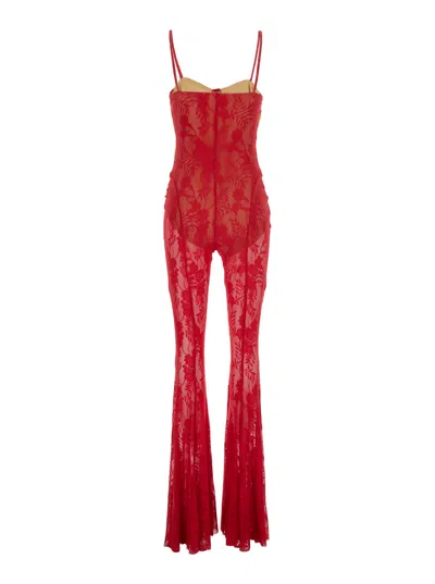 Norma Kamali Red Jumpsuit With Sweatheart Neckline And Flared Leg In Tech Fabric Stretch Woman In Red