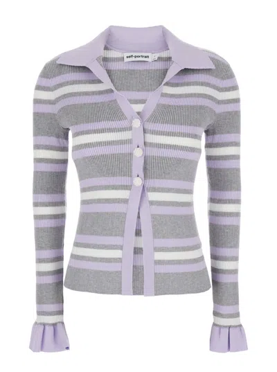 Self-portrait Grey Cardigan With Spread Collar And All-over Striped Motif In Viscose Blend Woman In Gray