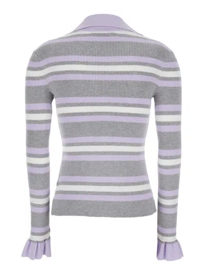 Self-portrait Grey Cardigan With Spread Collar And All-over Striped Motif In Viscose Blend Woman In Gray
