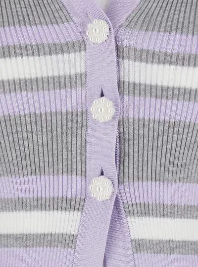 Self-portrait Grey Cardigan With Spread Collar And All-over Striped Motif In Viscose Blend Woman In Gray