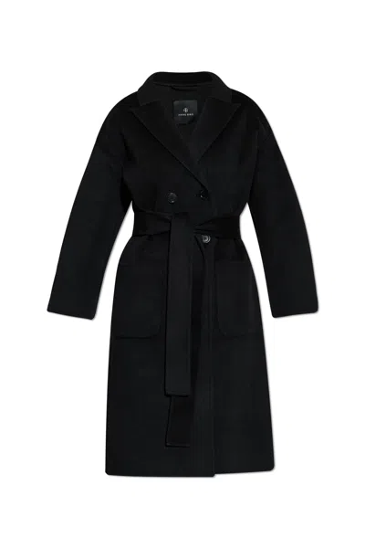 Anine Bing Double-breasted Long Coat With Notched Lapel In Black