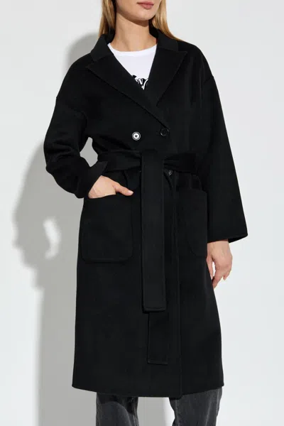 Anine Bing Double-breasted Long Coat With Notched Lapel In Black
