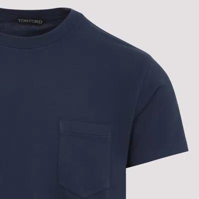 Tom Ford Indigo Blue Cotton T-shirt With Chest Pocket And Crew Neck