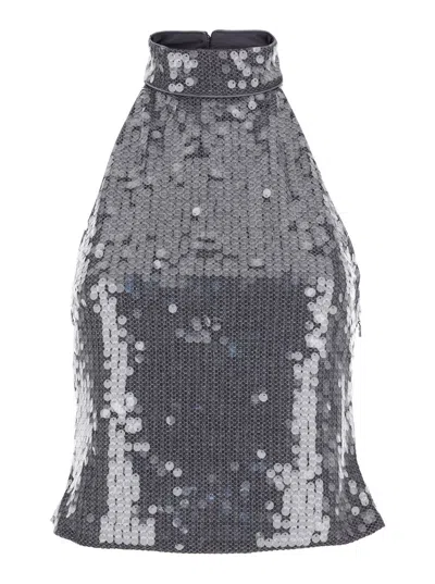 Rotate Birger Christensen Rotate Sleeveless Silver Top With All-over Paillettes In Gray