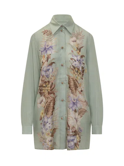Zimmermann Floral Silk Shirt Featuring Buttoned Cuffs In Green