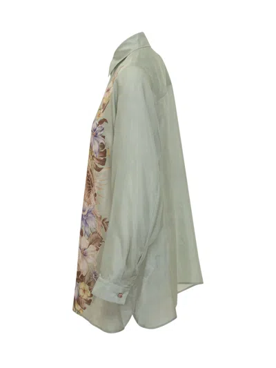 Zimmermann Floral Silk Shirt Featuring Buttoned Cuffs In Green
