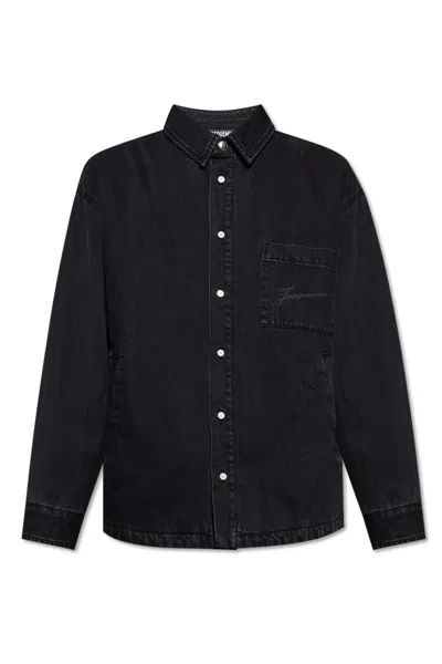 Jacquemus Virgin Wool Long-sleeve Shirt With Embroidered Logo In Black