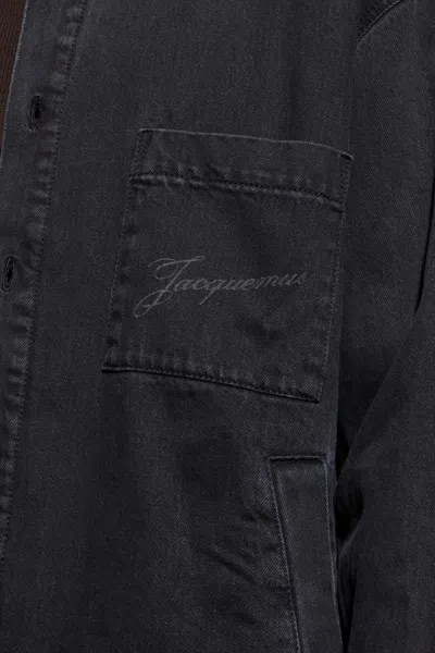 Jacquemus Virgin Wool Long-sleeve Shirt With Embroidered Logo In Black