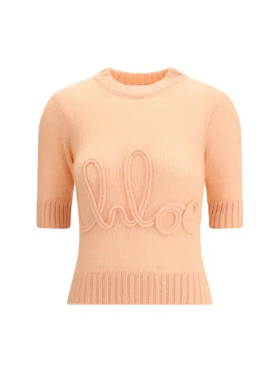 Chloé Logo Embroidery Sweater Sweaters And Cardigans Pink In Neutral