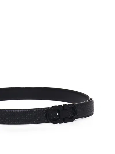 Ferragamo Black Reversible Belt With Gancini Buckle On The Front And All-over Gancini Motif In Black