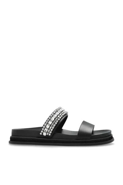 Jimmy Choo Crystal Embellished Leather Flat Sandals In Black
