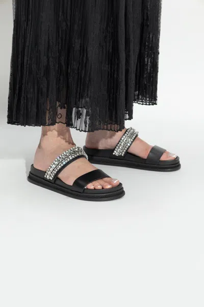 Jimmy Choo Crystal Embellished Leather Flat Sandals In Black