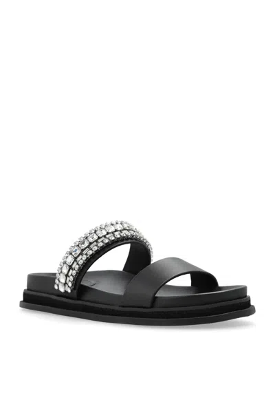 Jimmy Choo Crystal Embellished Leather Flat Sandals In Black