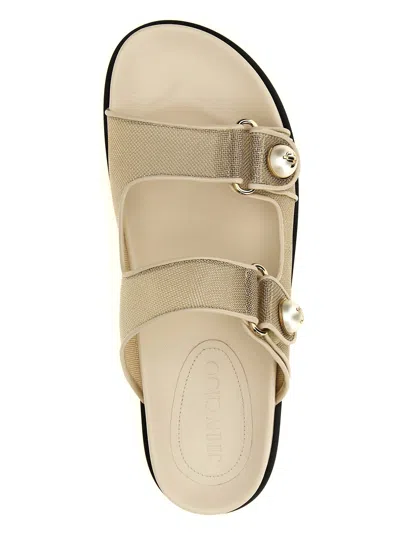 Jimmy Choo Fayence Metallic Pearly-button Slide Sandals In White