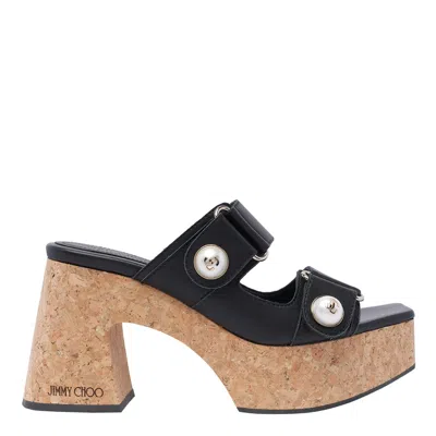 Jimmy Choo Cork Heel Double Strap Sandals In Black